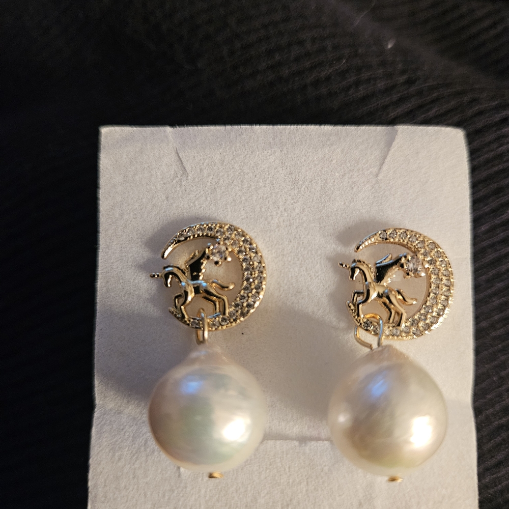 Gold Moon And Unicorn Fresh Water Pearl Drop Earrings